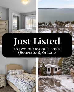Aerial view of a 3-bedroom raised bungalow at 78 TWMARC Avenue, Beaverton, showing the yard, surrounding neighbourhood, and nearby Lake Simcoe.