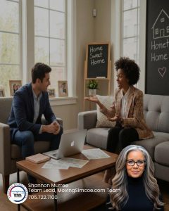 Experienced real estate agent consulting with clients in Simcoe County, Ontario, surrounded by homes and listings.