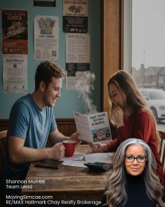 Couple sitting at a table reviewing a real estate brochure, planning their home purchase.