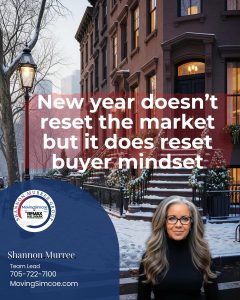 confident female real estate agent for simcoe county, smiling, friendly, approachable with the new year doesn't reset but it does reset buyer mindset
