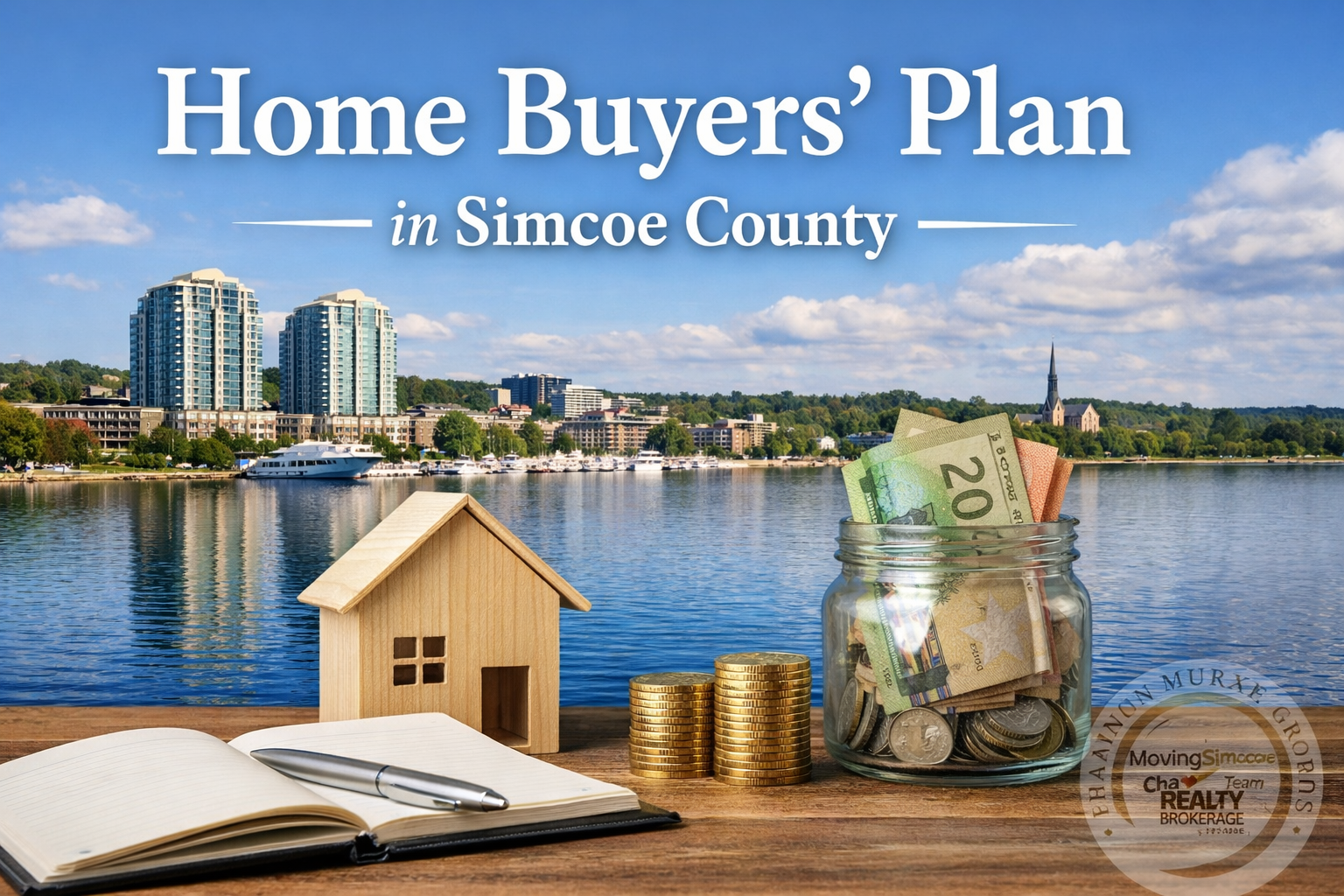 Home Buyers’ Plan in Simcoe County with Barrie waterfront skyline, savings jar, house model, and Shannon Murree Group MovingSimcoe.com watermark