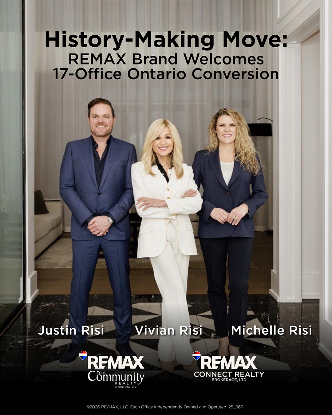 Promotional image released by RE/MAX Canada showing Vivian Risi with Justin Risi and Michelle Risi following the announced brokerage conversion in Ontario, January 2026.