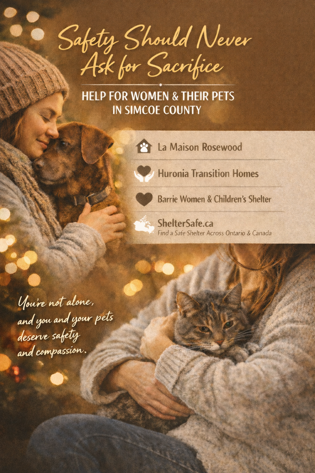 Woman holding her dog and woman holding a cat, representing pet-friendly support for women leaving unsafe situations in Simcoe County