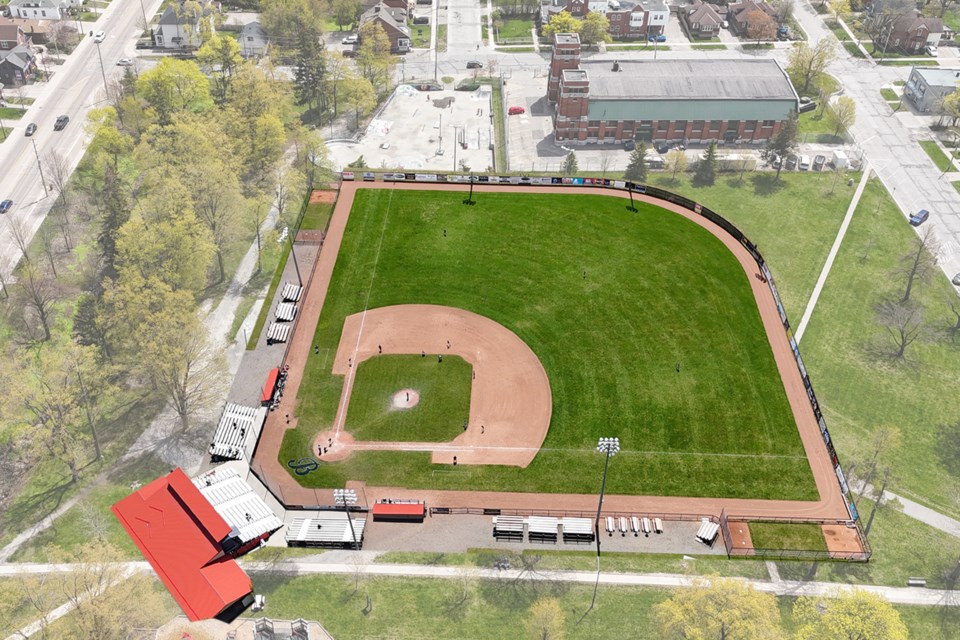 Aerial rendering of a proposed Barrie Baycats baseball stadium at Queen’s Park in downtown Barrie, showing the ball field, seating, lights, pathways and surrounding streets.