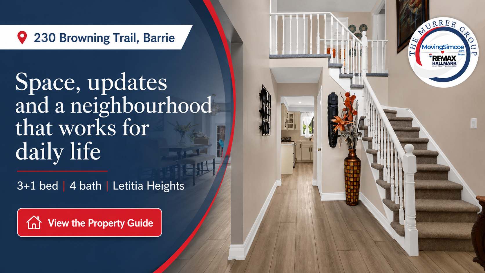 Branded featured image for 230 Browning Trail in Barrie, showing the home’s foyer and staircase with text promoting the property guide by The Murree Group.