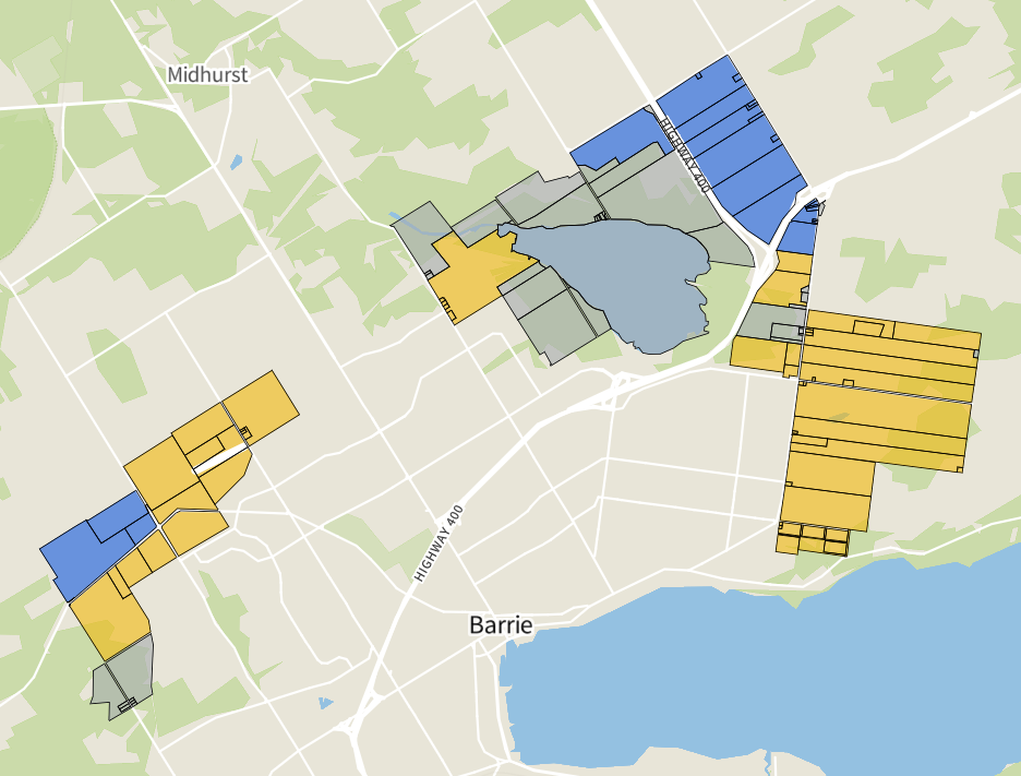 Map of Barrie and surrounding lands showing annexation areas near Springwater, Oro-Medonte, Midhurst, Highway 400 and Penetanguishene Road, with coloured parcels identifying future growth and development lands.