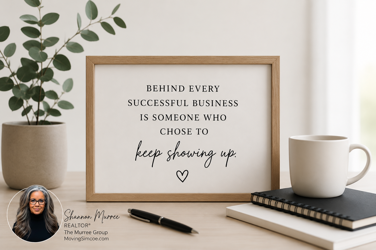 Minimalist desk scene featuring the message “Behind every successful business is someone who chose to keep showing up,” with Shannon Murree, REALTOR®, The Murree Group and MovingSimcoe.com branding.