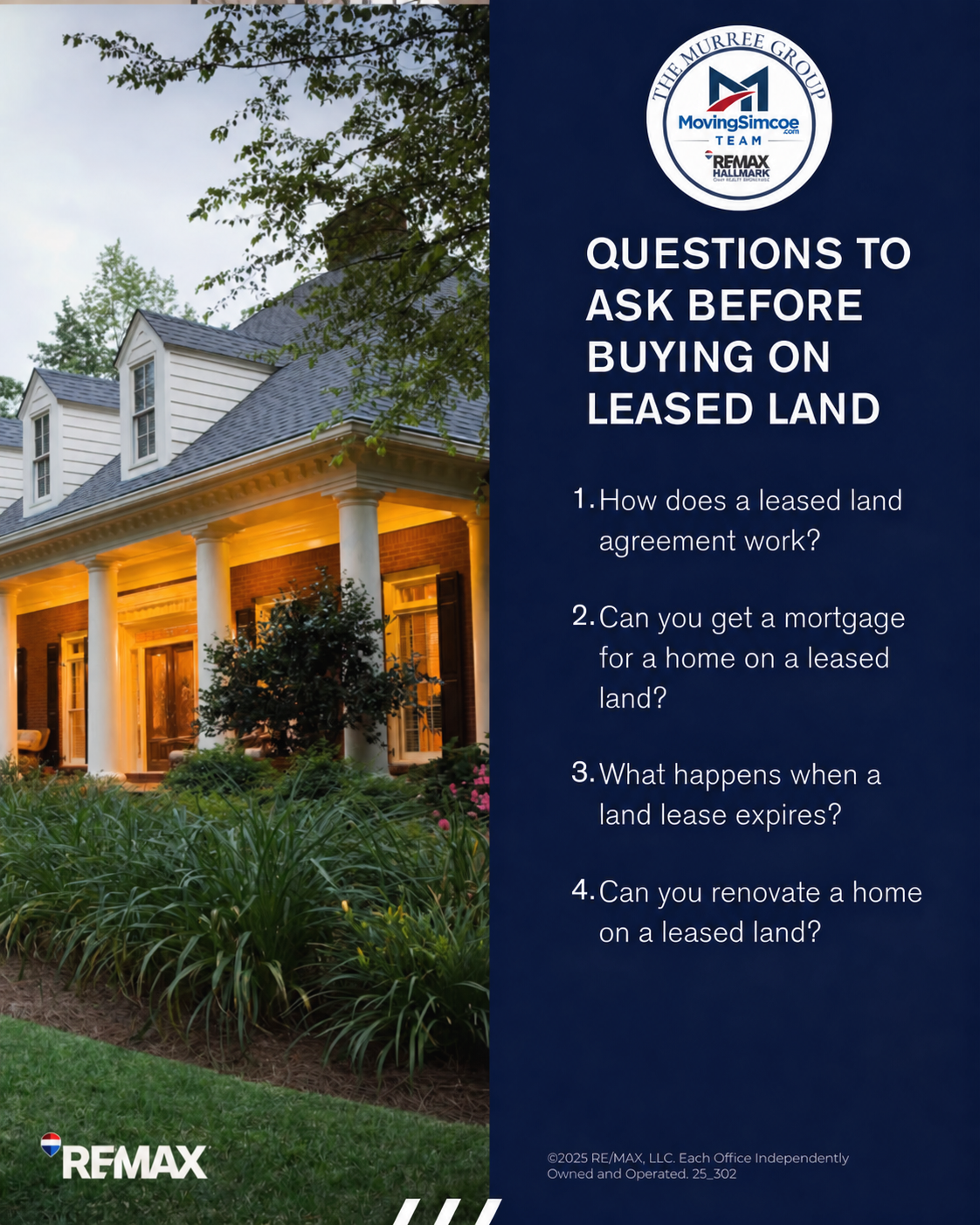 The Murree Group graphic featuring a detached home and four questions buyers should ask before purchasing a home on leased land.